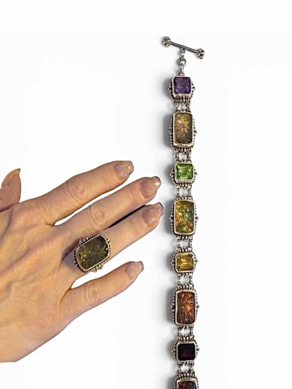 Vintage Stephen Dweck Ring/Multicolor Stone Toggle Bracelet Sold as Set/Separate